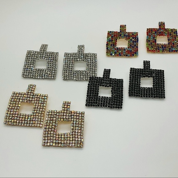 Multi-Color Geometric Diamond Studded Rhinestone Drop Earrings - Picture 7 of 7